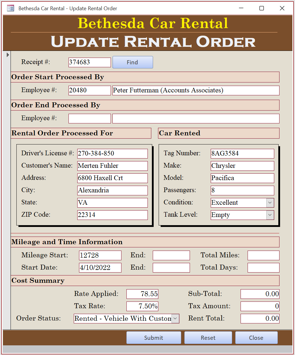 Microsoft Access Sample Database Bethesda Car Rental