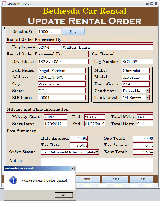 Microsoft Access Example Application Bethesda Car Rental