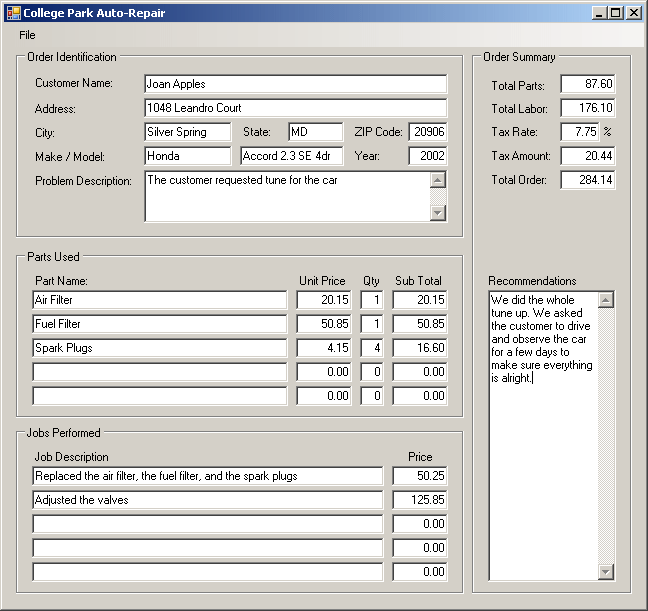 Example Application College Park AutoRepair