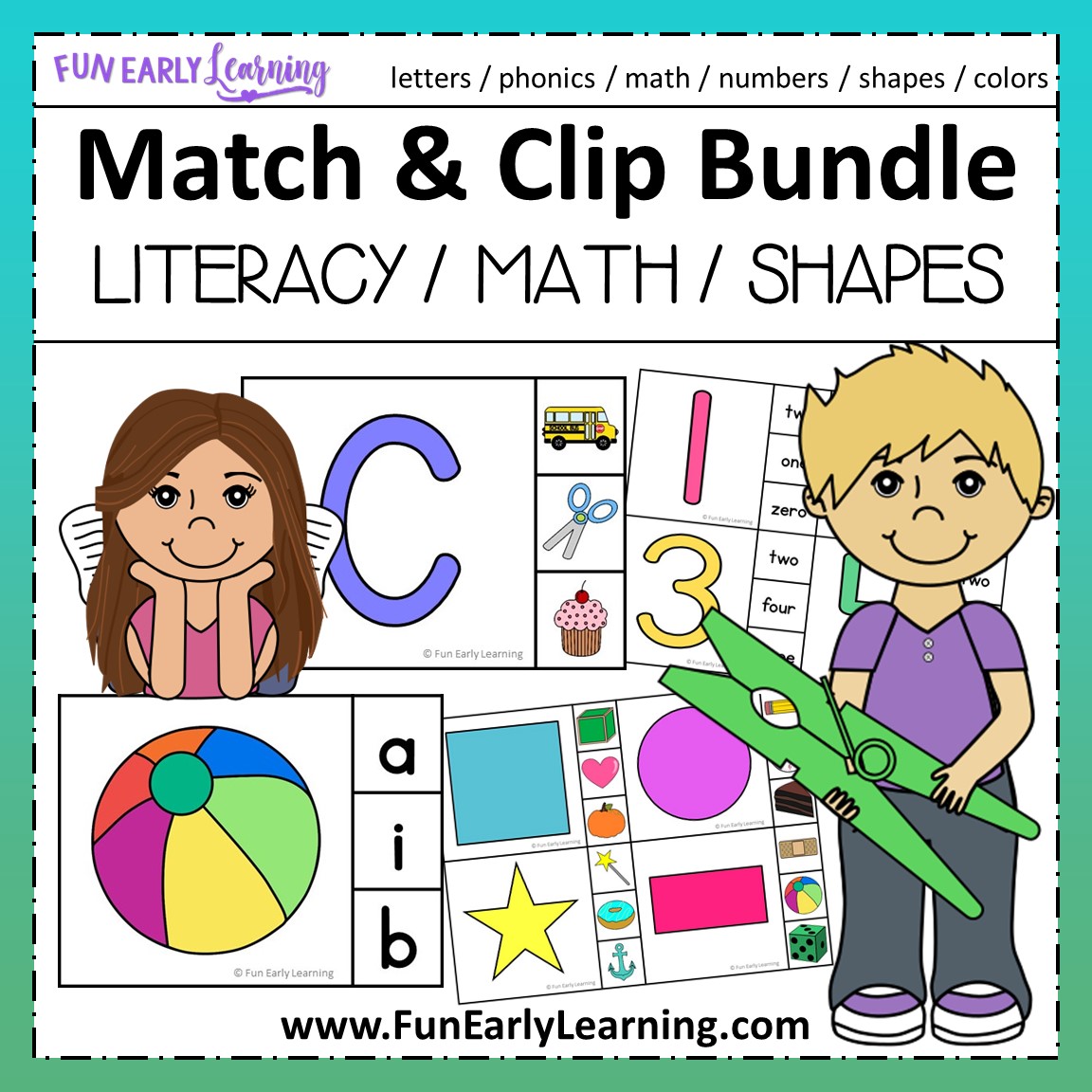 Match and Clip Bundle for Letters, Phonics, Numbers, Shapes, and Colors
