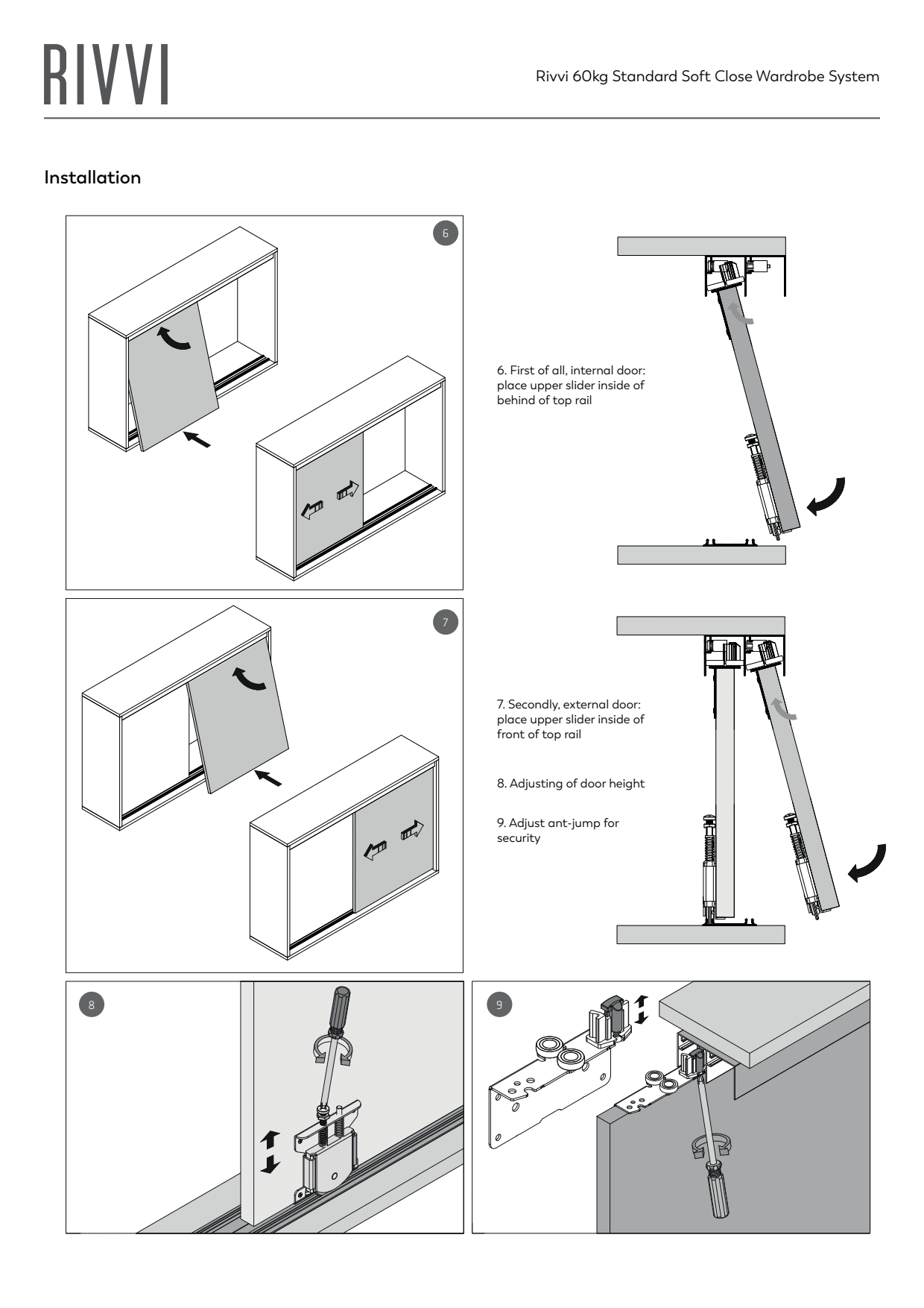Rivvi 60T, Top Hung Sliding Door, 60kg Roller and Guide Set