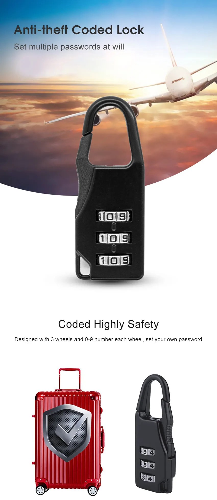 Coded Lock for Bag Luggage Antitheft Digit Code Lock Password
