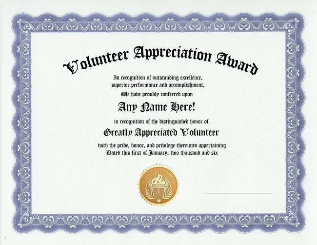 Volunteer Appreciation Award Certificate Custom Gift Customized W Name