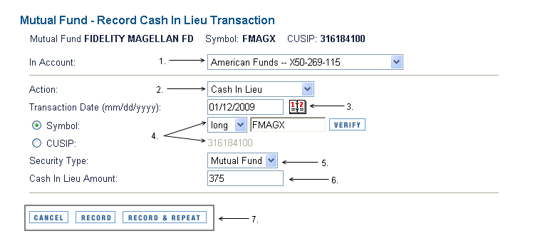 Mutual Fund Record Cash in Lieu Transaction