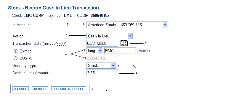 Stock Record Cash in Lieu Transaction
