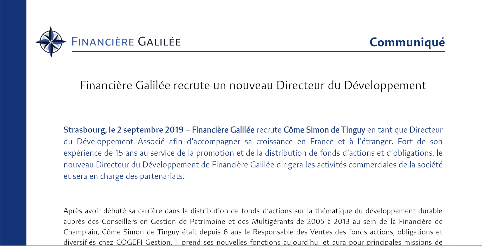 Nomination d'un nouveau directeur du développement Septembre 2019