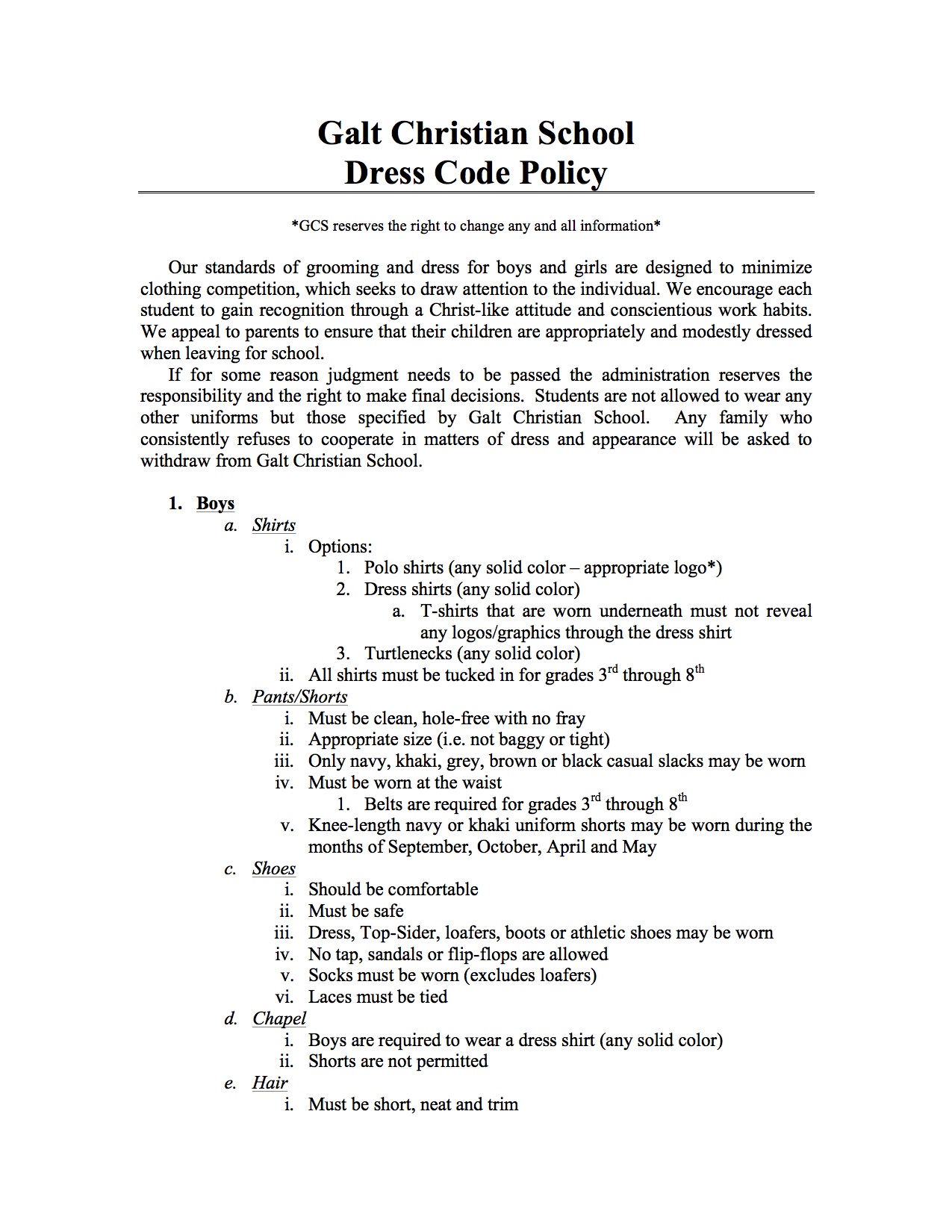 Dress Code Policy Galt Christian School
