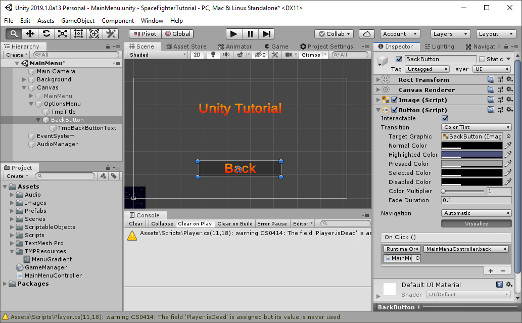 Full Unity 2D Game Tutorial 2019 Main Menu UI