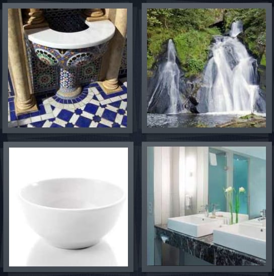 4 Pics 1 Word Answer for Fountain, Waterfall, Bowl, Sink