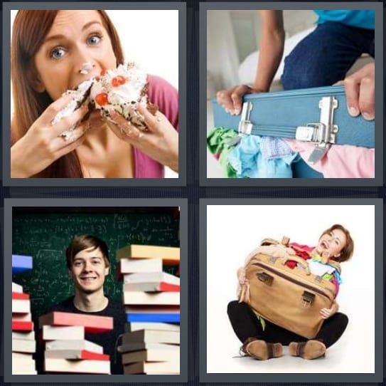 4 Pics 1 Word Answer for Stuff, Shove, Study, Luggage