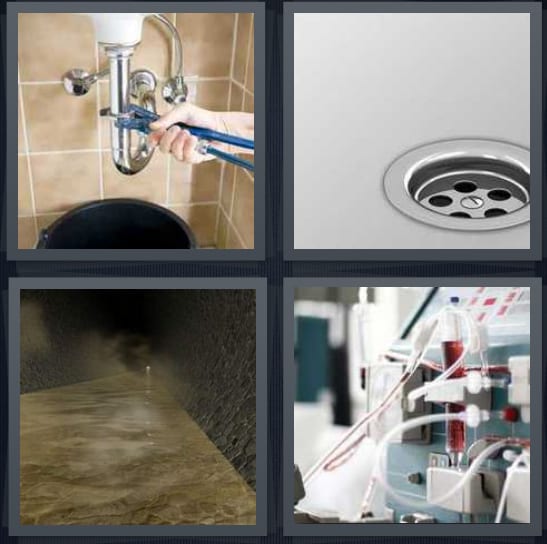 4 Pics 1 Word Answer for Plumber, Sink, Sewer, Blood