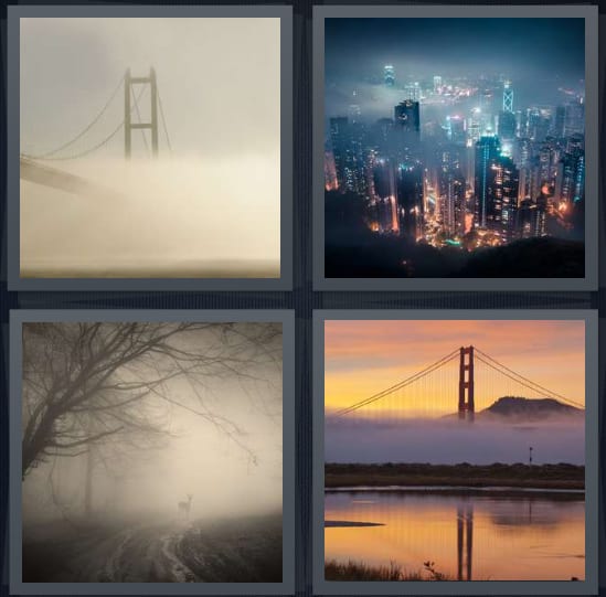 4 Pics 1 Word Answer for Golden Gate, Skyline, Mist, Bay