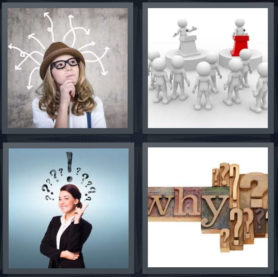 4 Pics 1 Word Answers for Think, Lecture, Idea, Why