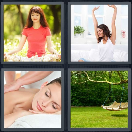 4 Pics 1 Word Answer for Meditate, Stretch, Massage, Swing