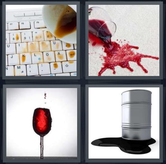 4 Pics 1 Word Answer for Coffee, Wine, Glass, Oil