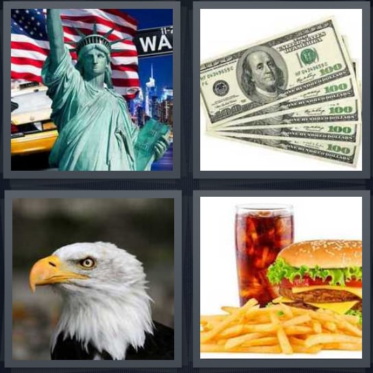 4 Pics 1 Word Answer for Statue of Liberty, Dollars, Eagle, Burger