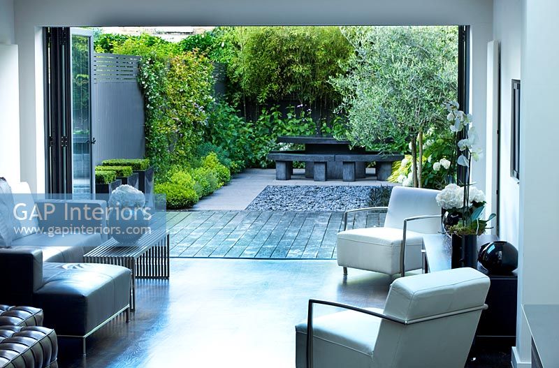GAP Interiors Modern living room with view out onto patio and small