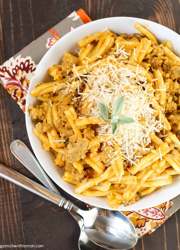 Sausage, Sage and Pumpkin Pasta Garnish with Lemon