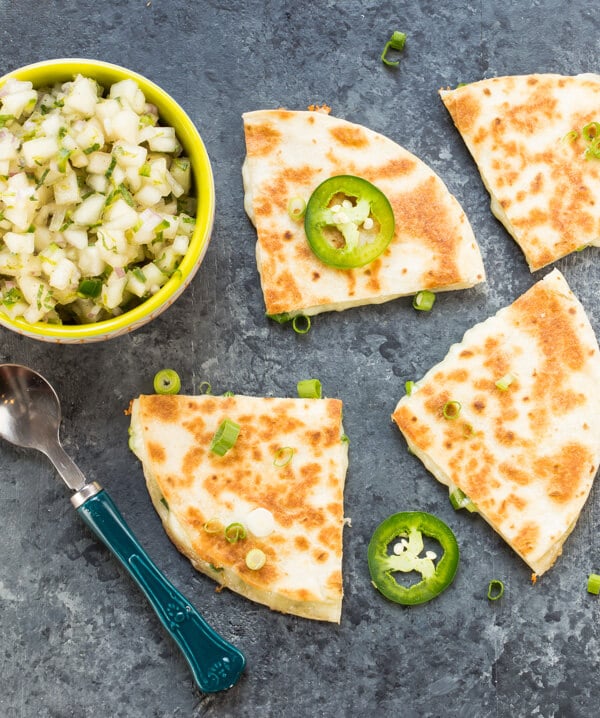 Monterey Jack Quesadillas with Pear Salsa Garnish with Lemon