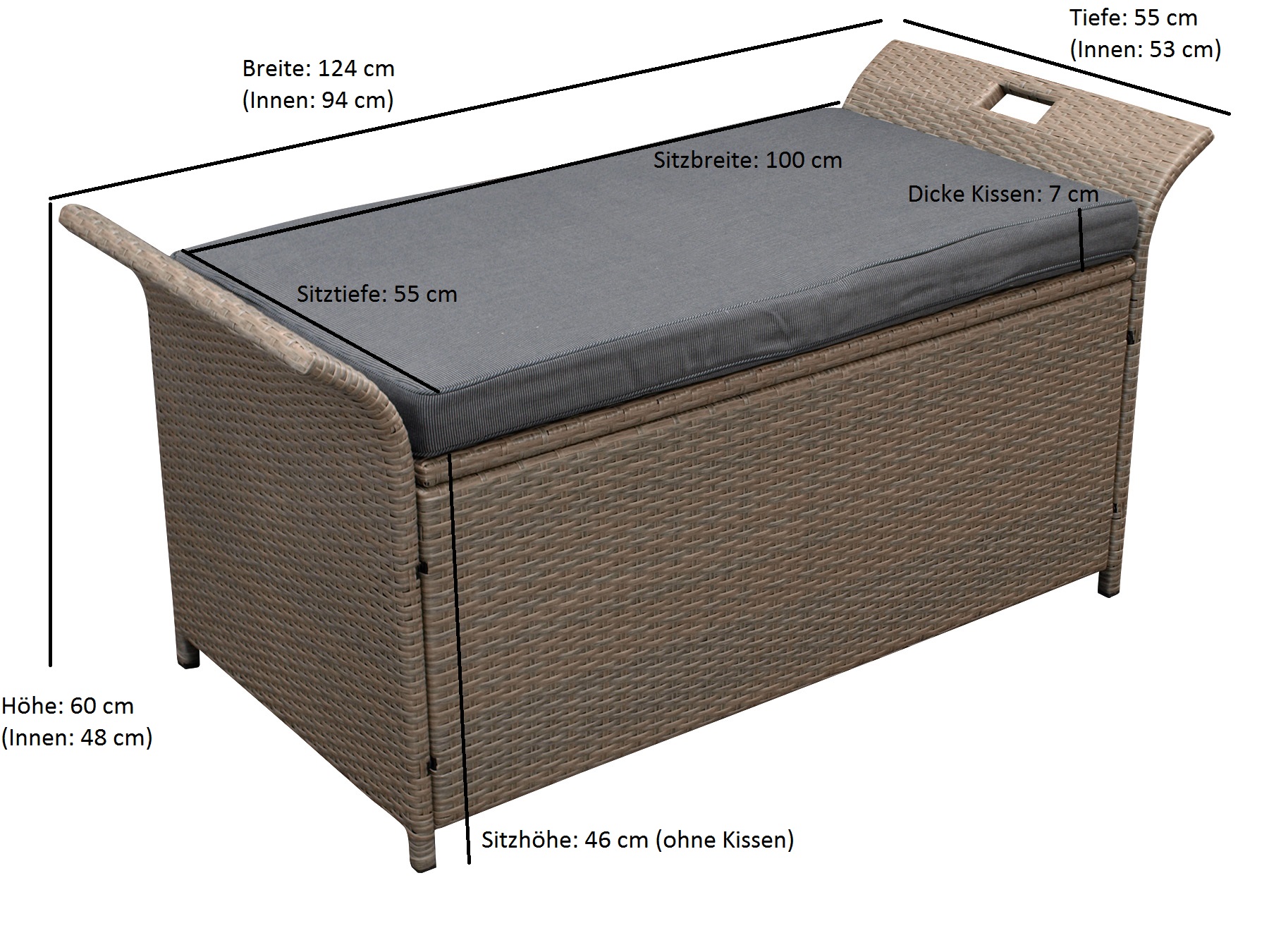 Auflagenbox Kissenbox Kissentruhe Gartenbox Sitzbank TRENTO Rattan grau