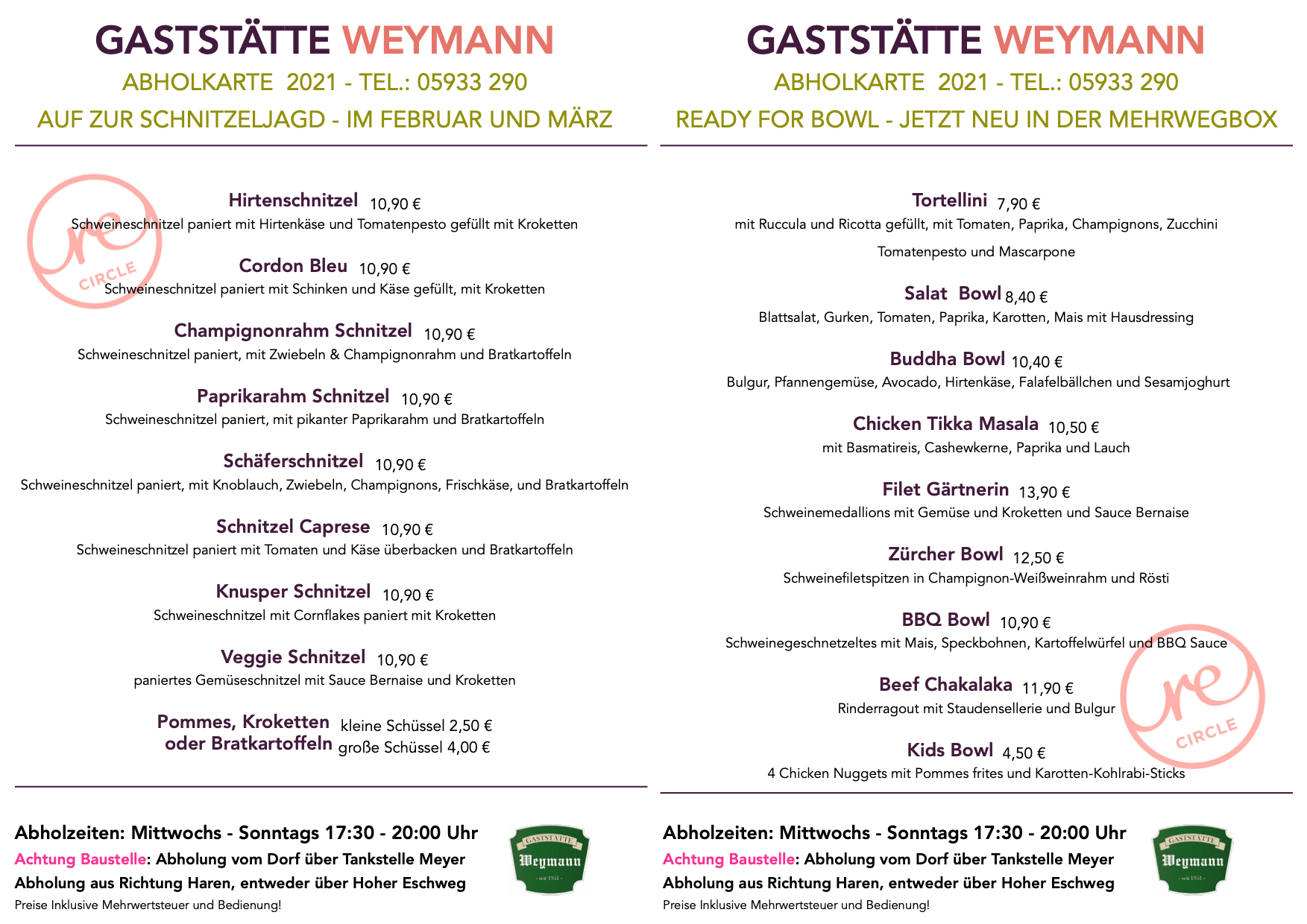 Speisekarte Gaststätte Weymann