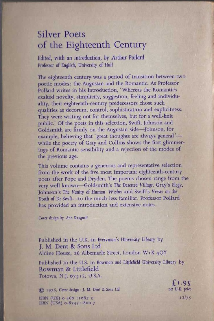 Arthur Pollard (edits) SILVER POETS OF THE EIGTEENTH CENTURY book cover