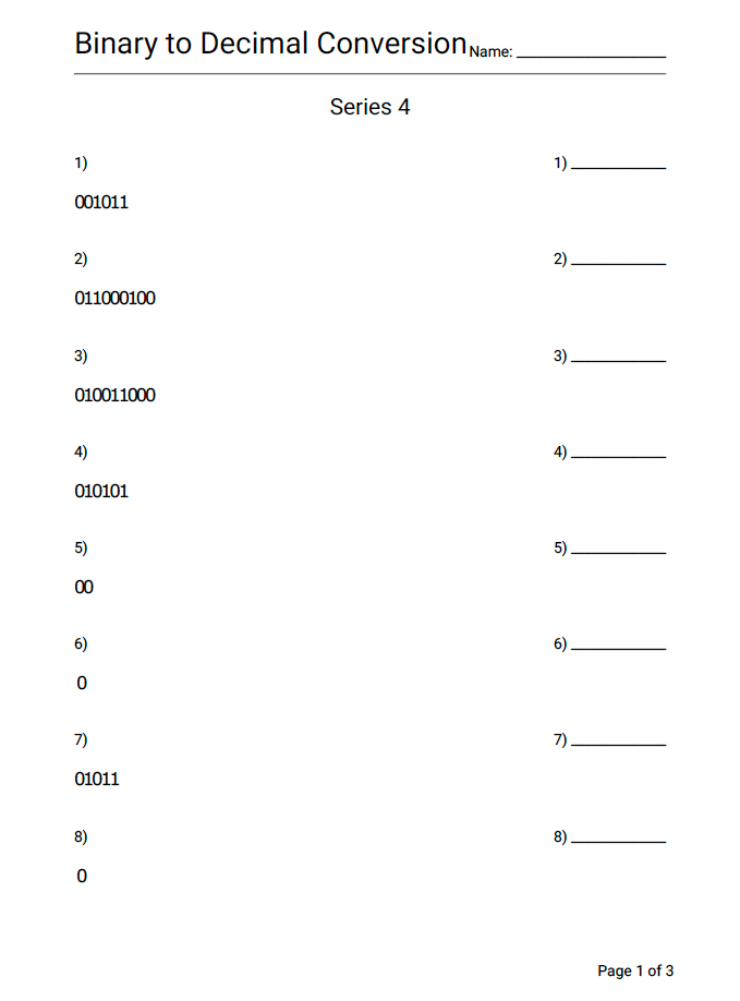 Math Binary To Decimal Conversion Practice Worksheet Series 4 - Geek