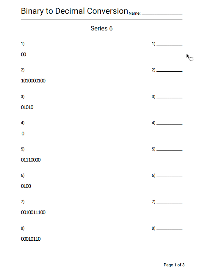 Math Binary To Decimal Conversion Practice Worksheet Series 6 - Geek