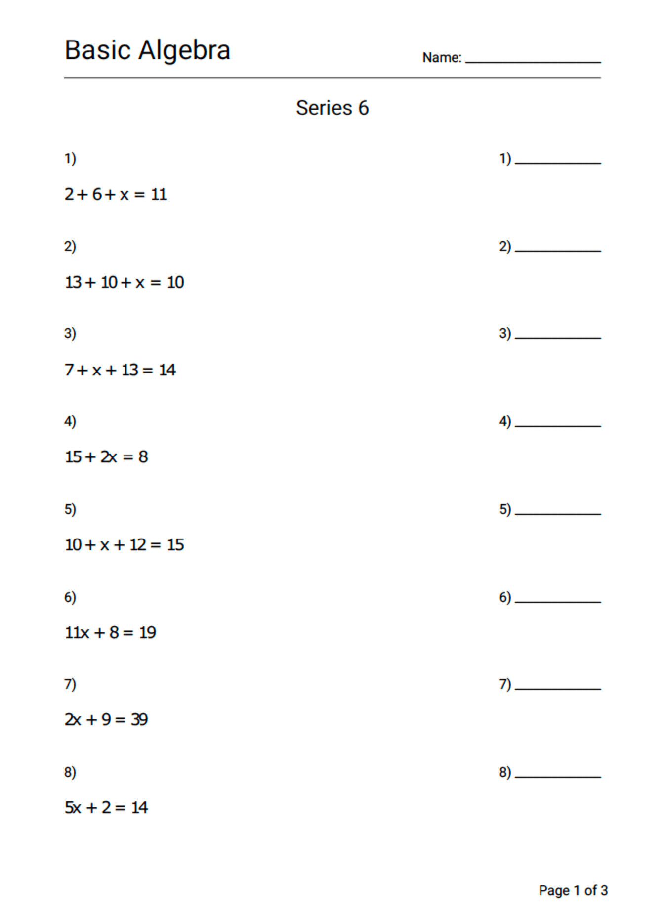 Math Basic Algebra Equations Worksheet Series 6 - Geek Slop Online
