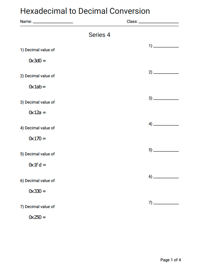 Hexadecimal To Decimal Conversion Practice Worksheet Series 4 - Geek