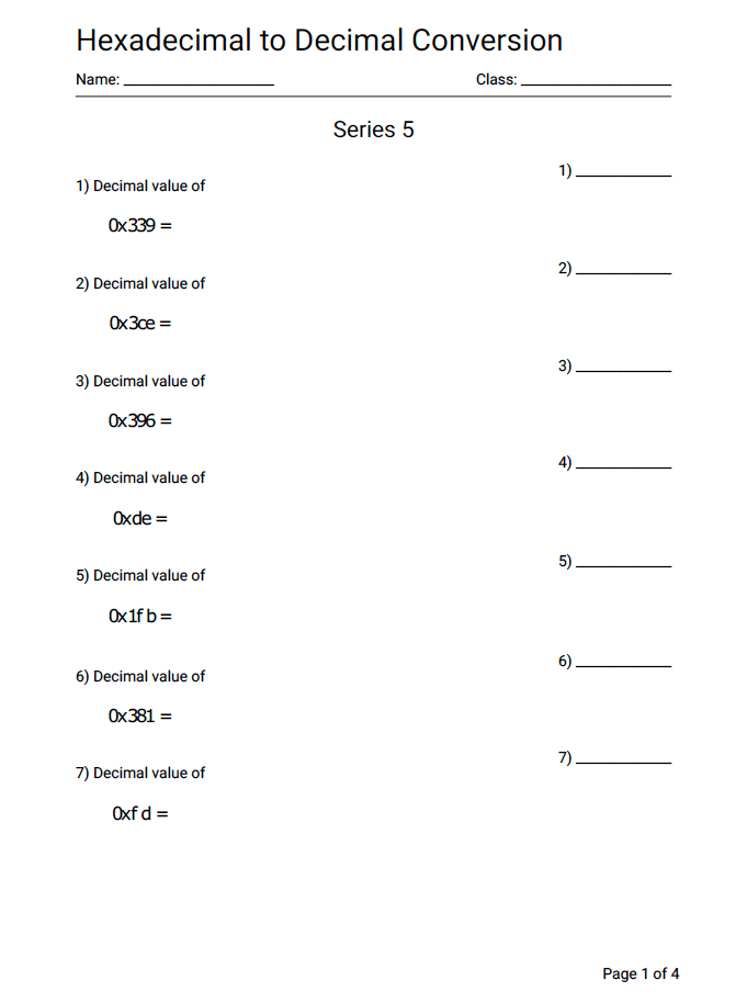 Hexadecimal To Decimal Conversion Practice Worksheet Series 5 Geek Slop Online