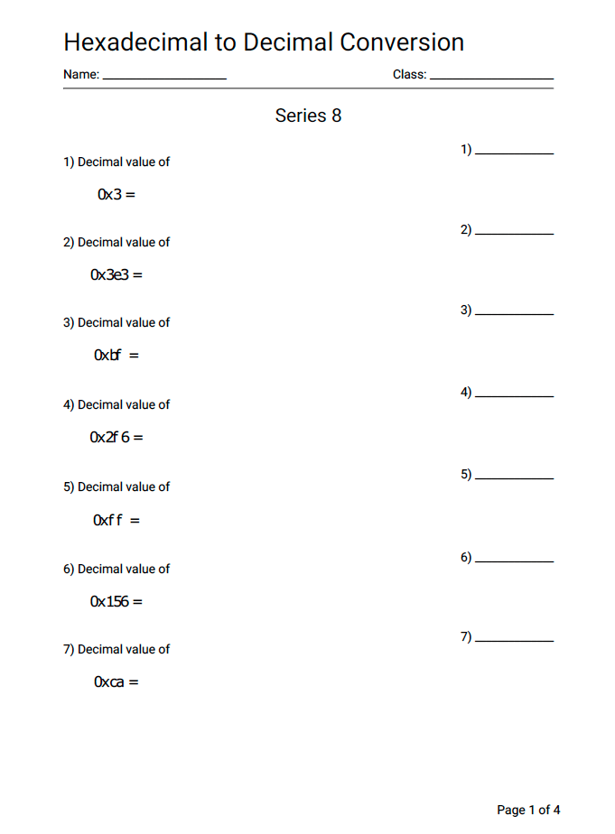 Hexadecimal To Decimal Conversion Practice Worksheet Series 8 - Geek