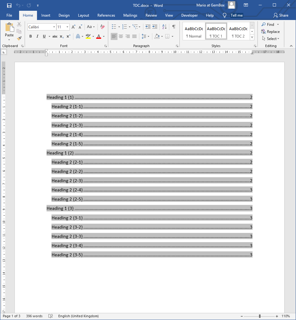 Generate table of contents word document solgarry