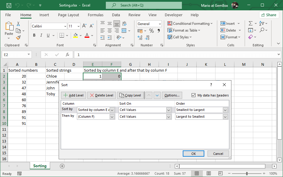 Excel Sorting GemBox.Spreadsheet Example