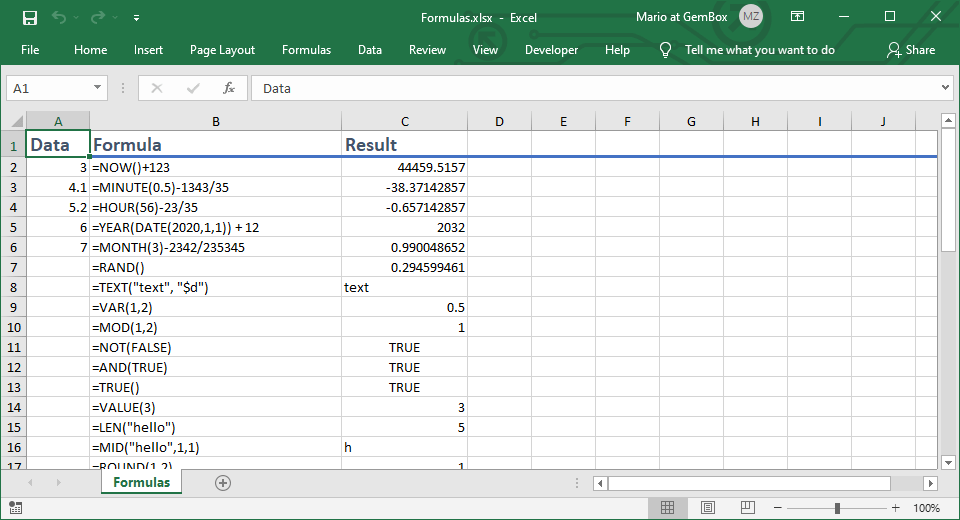 Excel cell formulas in C and GemBox.Spreadsheet Example