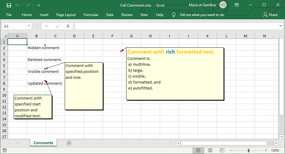 Excel comments in C and GemBox.Spreadsheet Example