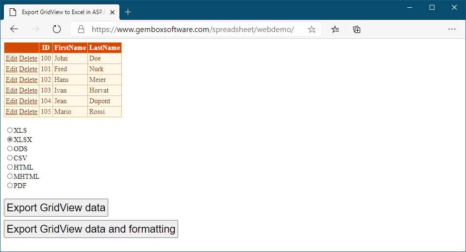 Export Excel files from GridView control