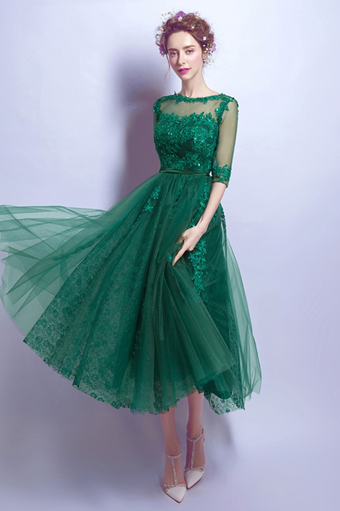 Tea Length Green Lace Prom Dress For Juniors With 1/2 Sleeves AGP18339