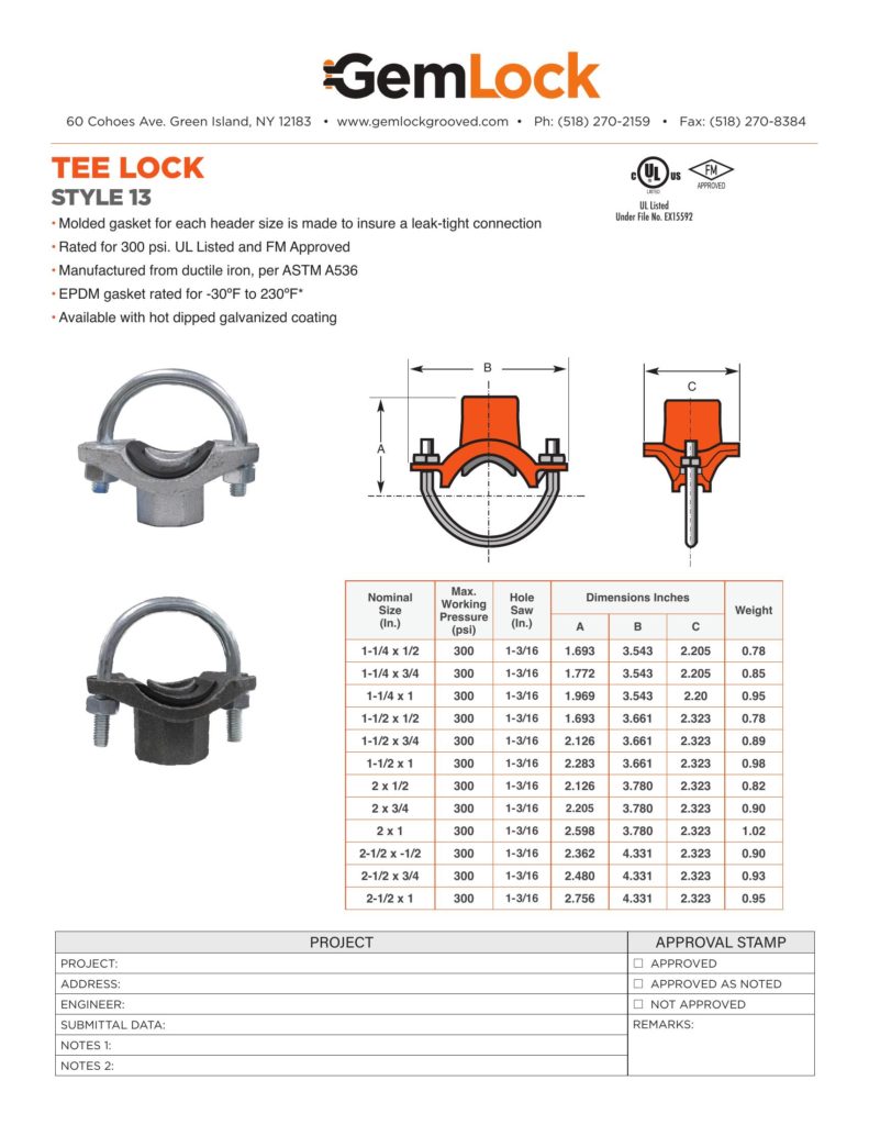 Tee Lock Style 13 Gemlock Grooved Fittings, Mechanical Couplings