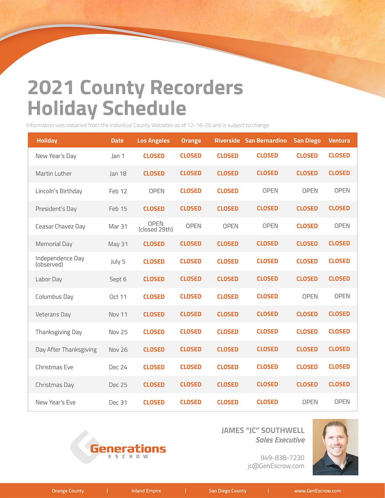 2021 County Recorders Holiday Schedule Download