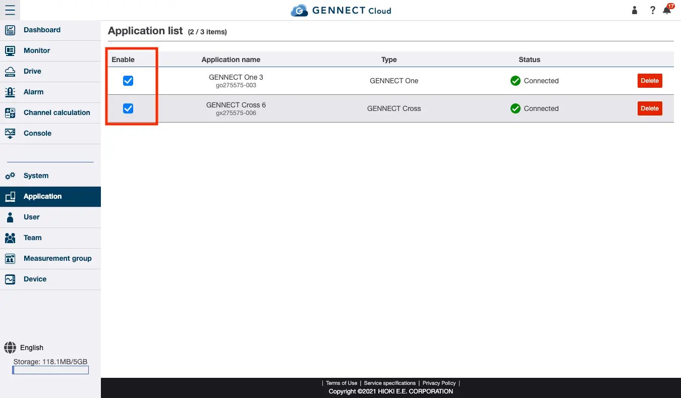 Enabling/disabling applications GENNECT Cloud