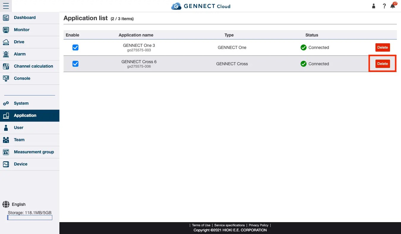 Deleting an application GENNECT Cloud