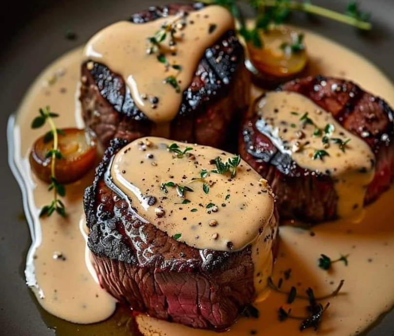 Seared Filet Mignon with Shallot Peppercorn Cream Sauce RECIPES