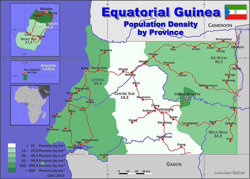 Äquatorialguinea Karte Bevölkerungsdichte und Verwaltungsgliederung