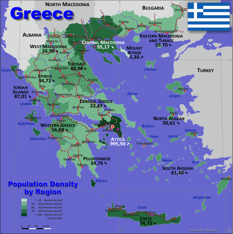 Map Greece Popultion density by administrative division