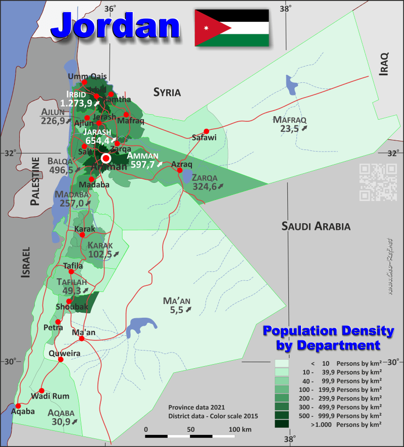 Jordanien Karte Bevölkerungsdichte und Verwaltungsgliederung