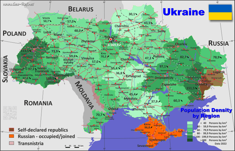 Map Ukraine Popultion density by administrative division