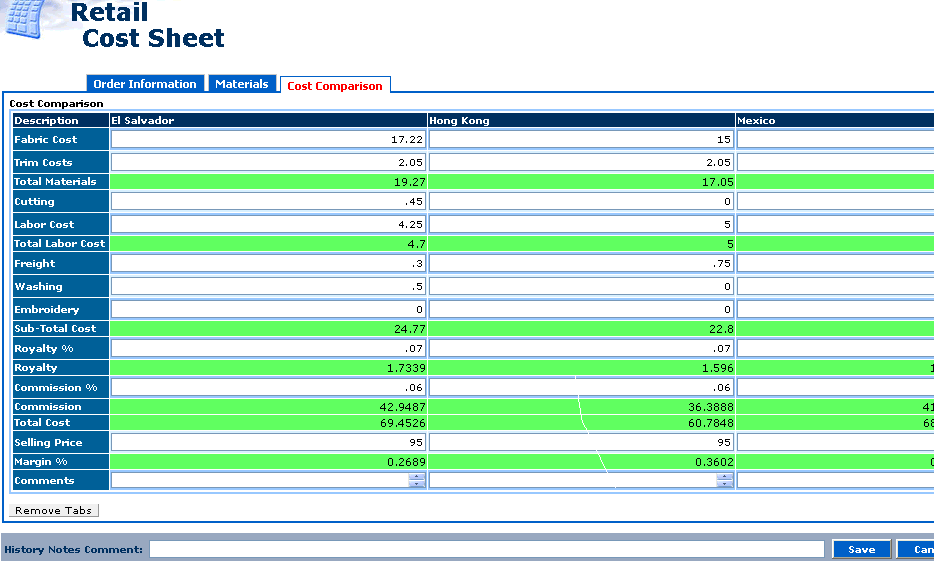 Retail Cost Sheet