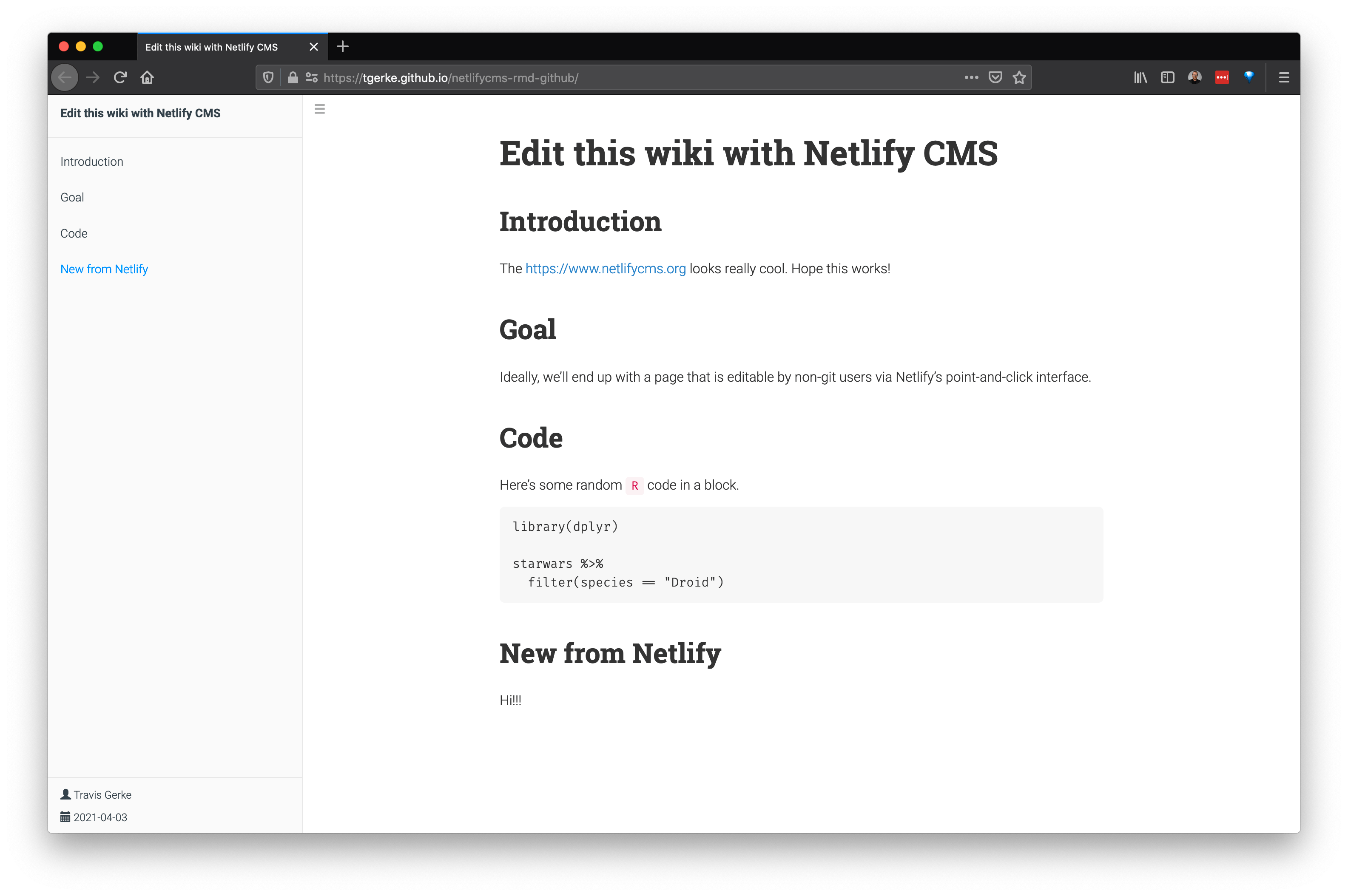 Gerke Lab Using Netlify CMS with R Markdown, hosted on GitHub Pages