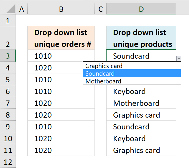 Create dependent drop down lists containing unique distinct values
